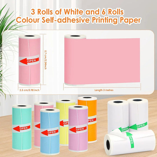 9 Rolls Mini Printer Sticker Paper, Thermal Self-Adhesive 57x25mm, White & Color for Portable Bluetooth Printer