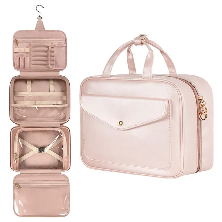 PU Leather Hanging Cosmetic Bag For Women Portable Storage Makeup Organizer Large Capacity Travel Toiletry Storage Bags
