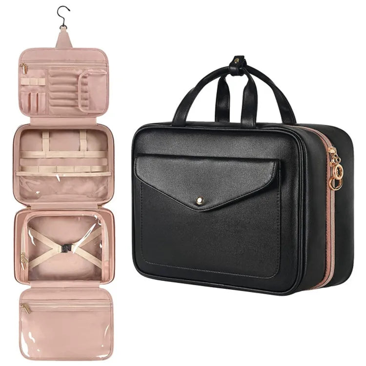 PU Leather Hanging Cosmetic Bag For Women Portable Storage Makeup Organizer Large Capacity Travel Toiletry Storage Bags