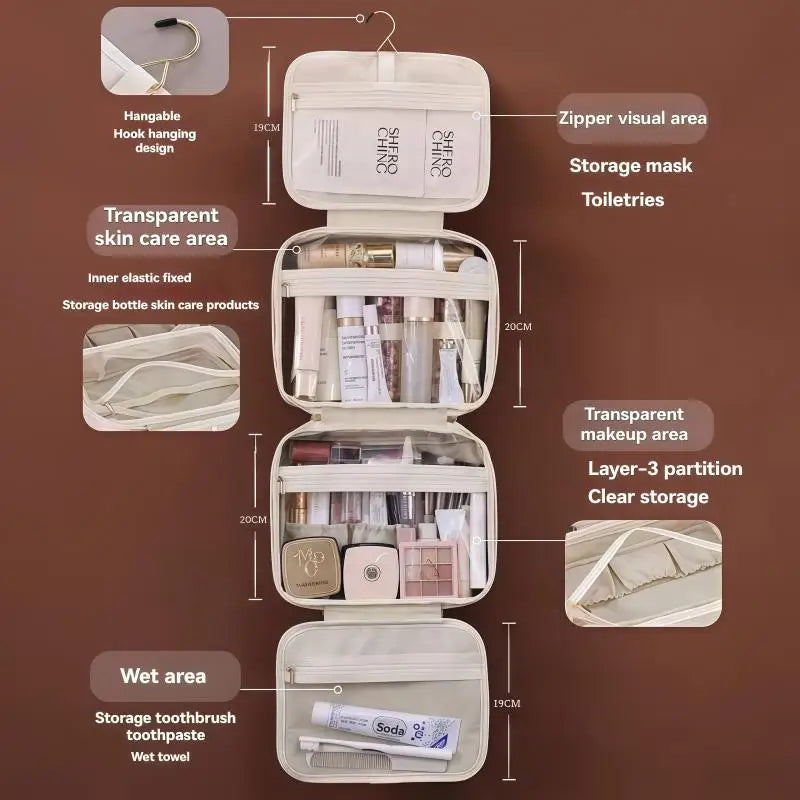 PU Leather Hanging Cosmetic Bag For Women Portable Storage Makeup Organizer Large Capacity Travel Toiletry Storage Bags